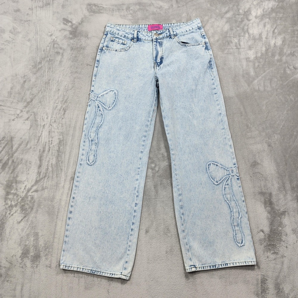 Telepatía Jeans Womens 9/29 Juniors Blue Light Wash Bow Relaxed Wide Leg Denim